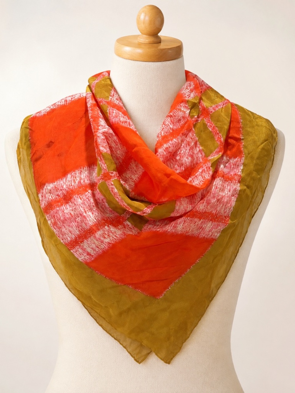 Vintage Silk Scarf 30x30, Hand Rolled Edge, Coral Pink Olive Gold Plaid Square